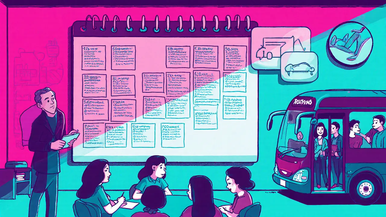 Montáž pětiletého výcviku: kalendář workshopů, supervize, autobus a hostel symbolizují náklady.