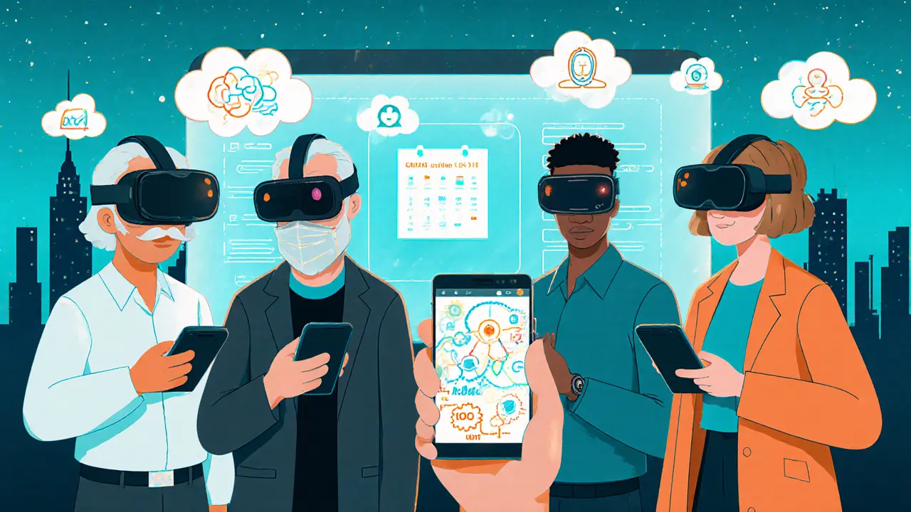 Postavy v VR a s mobilními aplikacemi představují moderní trendy KBT, jako mindfulness a ACT.