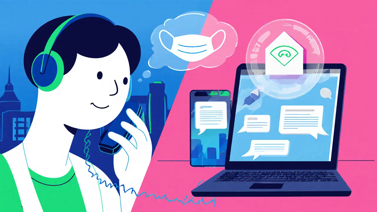 Psycholog mluví po telefonu, zatímco vedle běží chat a e‑mailová podpora.