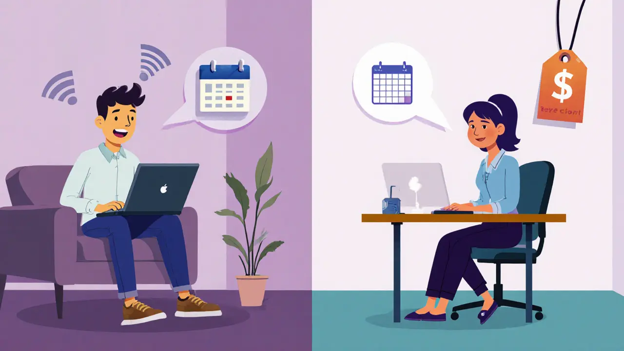 Rozdělený výjev ukazující online terapii doma a osobní terapii v kanceláři.