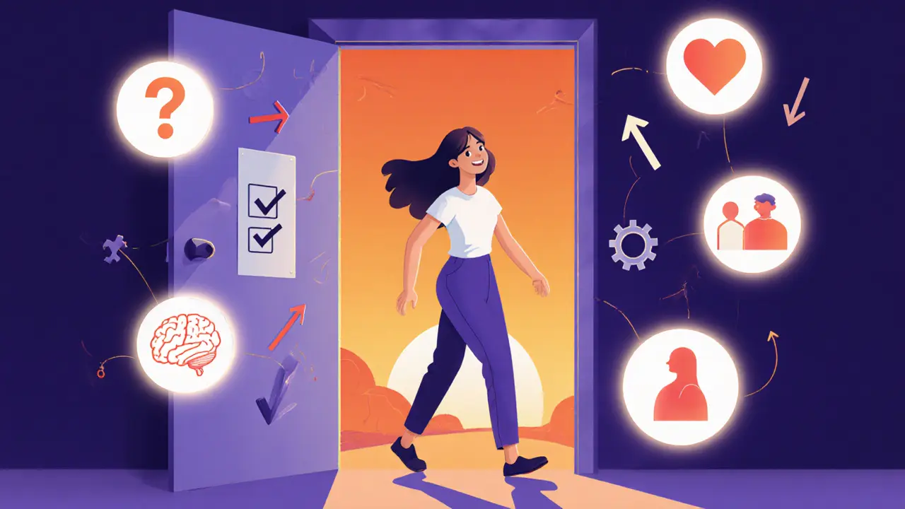 Žena vychází z dveří s plovoucími ikonami kontrolního seznamu, pozadí představuje rozbřízající se úsvit.