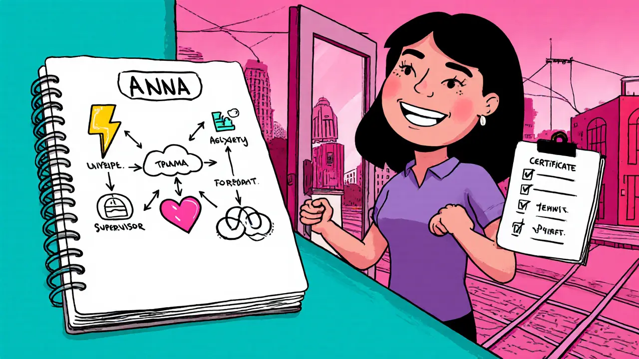 Anna opouští kancelář, vedle ní rozhodovací strom a zaškrtnutý kontrolní seznam.