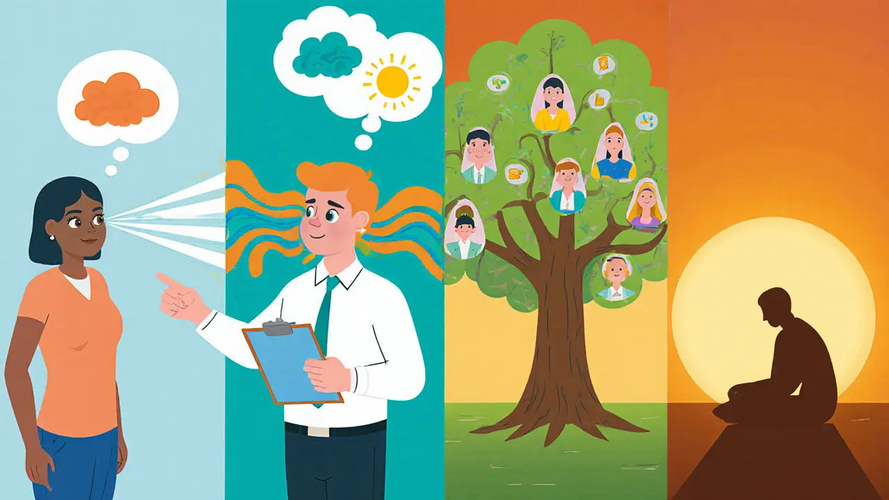 Čtyři panely ukazující EMDR, KBT, systémovou a humanistickou terapii.