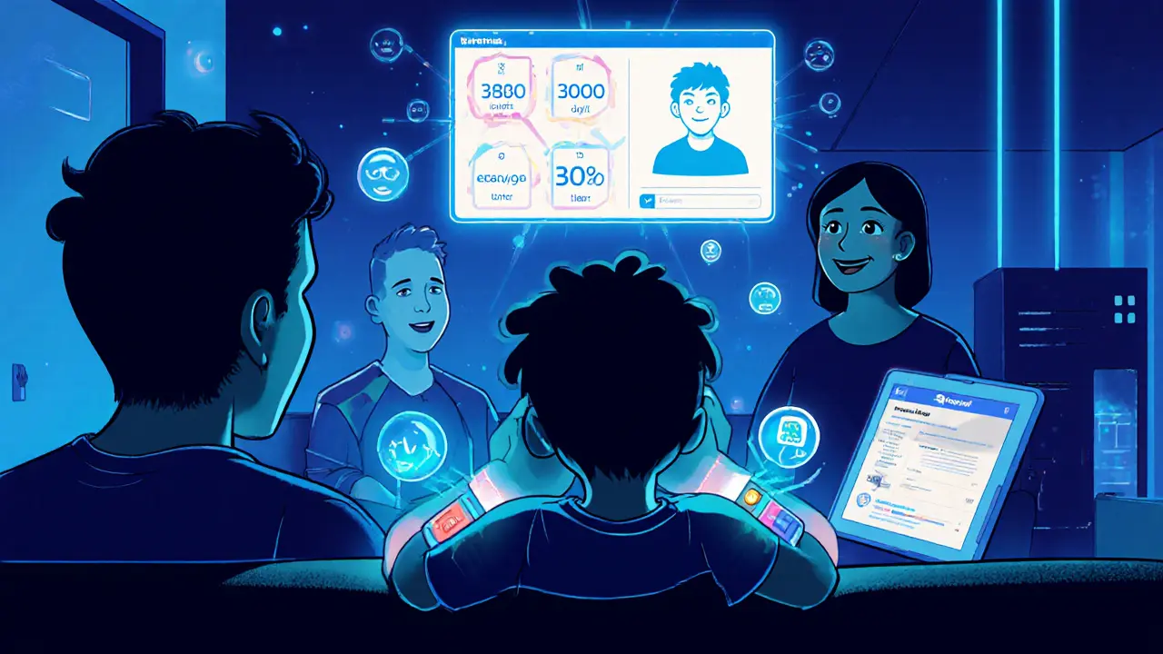 Dítě s nosičem monitoruje emoce pomocí hologramu, rodiče sledují digitální přehled.