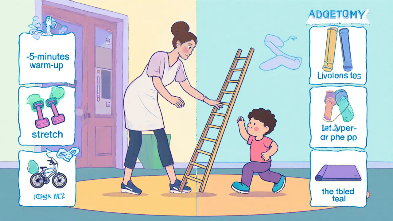 Terapeut a dítě během rozcvičky a testu obratnosti, s ikonami různých cvičení.