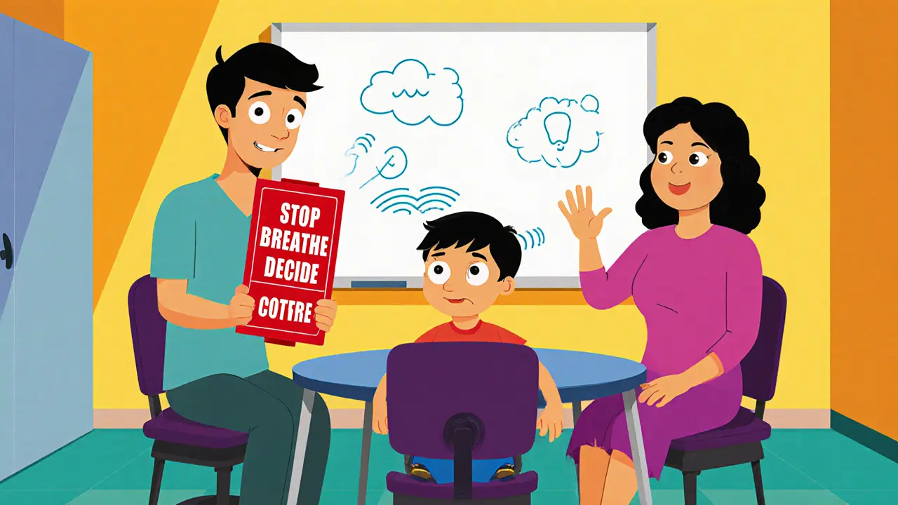 Terapeut s dítětem a matkou používají červený semafor pro regulaci emocí.