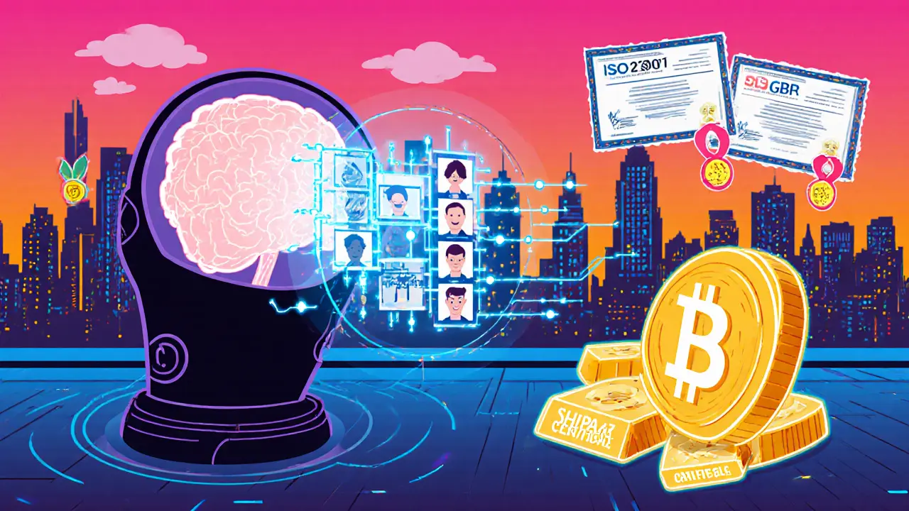 Budoucí platforma s AI, blockchainem a certifikáty HIPAA a GDPR, ukazující bezpečný datový štít.