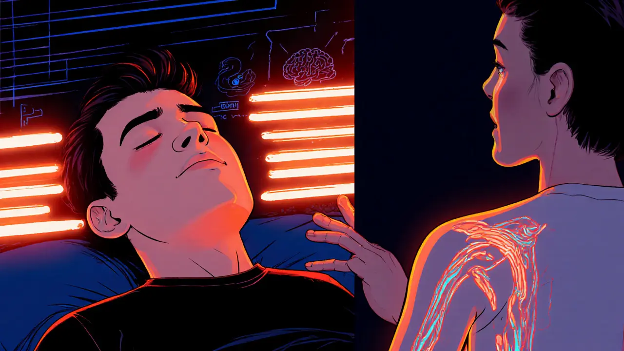 Klient během EMDR s blikajícími červenými a modrými pásy, zvýrazněné amygdaly a insula.