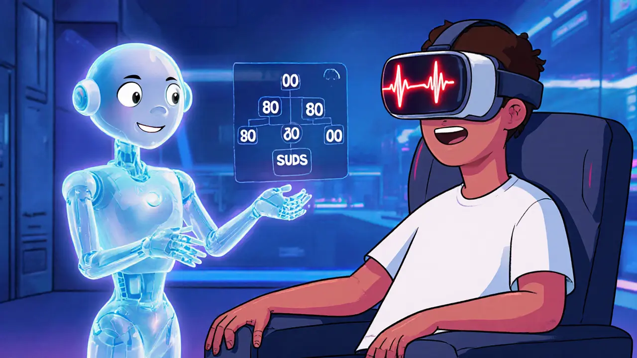 Pacient s VR headsetem, biometrii a AI avatarem ukazujícím hierarchii expozice.