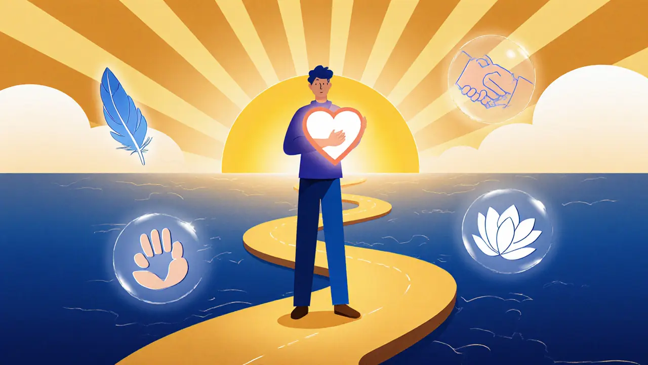 Postava kráčející po cestě k východu slunce, drží zářivé srdce a ikony bezpečí.