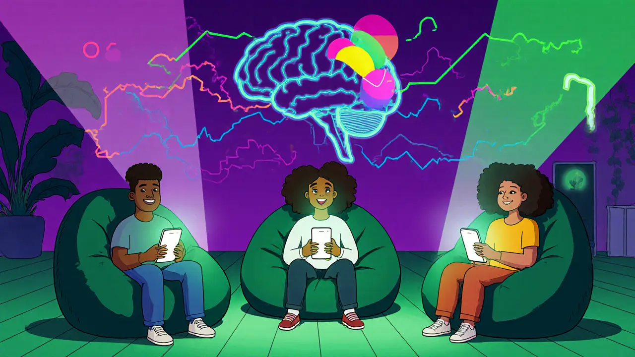 Skupina lidí s chytrými telefony, kolem nich abstraktní mozek a neonové barvy.