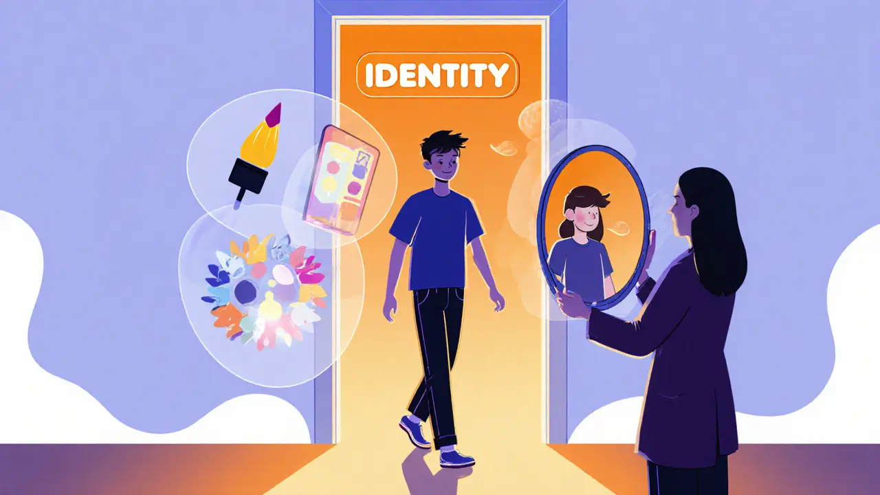 Teenager kráčející skrze otevřené dveře &quot;Identita&quot; s plovoucími symboly terapie.