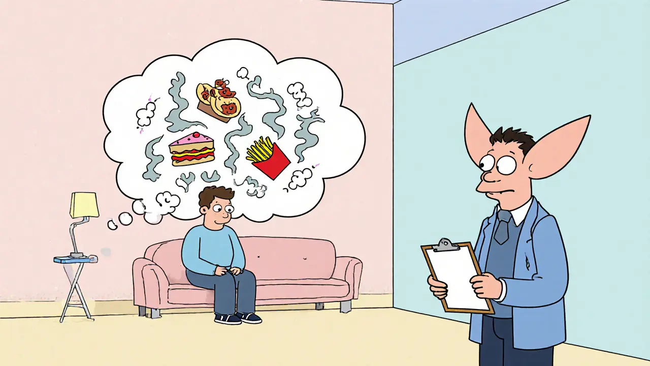 Terapeut a pacient na pohovce, myšlenková bublina s jídlem a bouřlivými mraky.