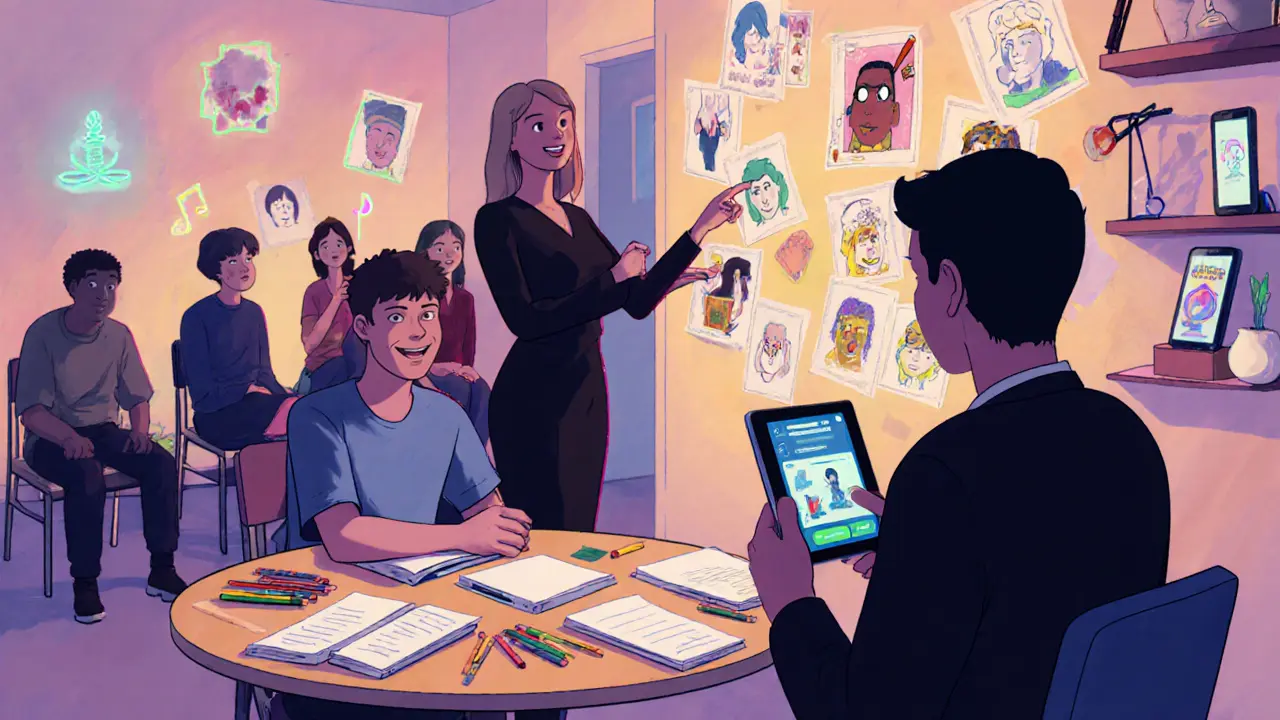 Terapeutická místnost s teenagerem kreslícím, skupinou spolužáků a tabletem s aplikací.