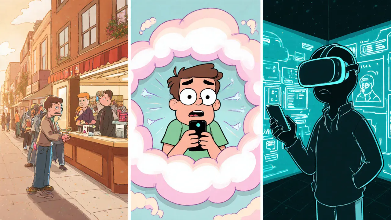 Tři panely ukazují in vivo setkání na ulici, imaginární bublinu a VR headset s hologramy.