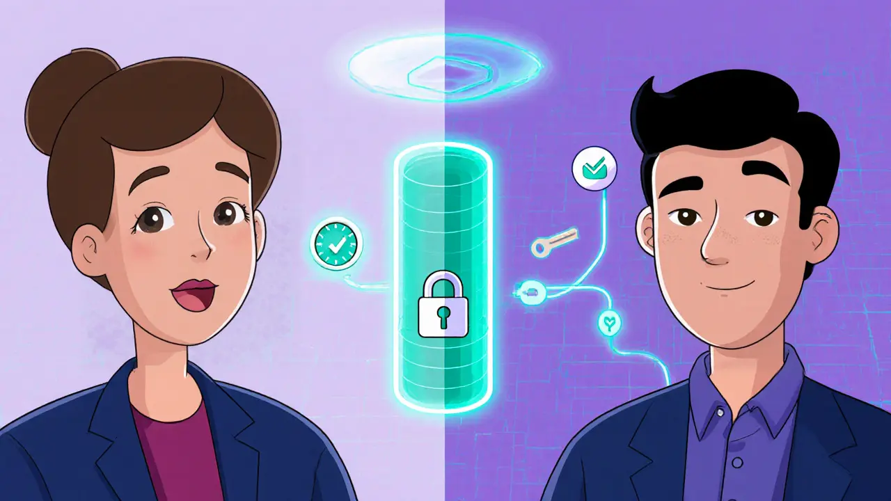 Videohovor s terapeutem, zobrazené šifrování, zámky a auditní logy ve stylu cartoon.