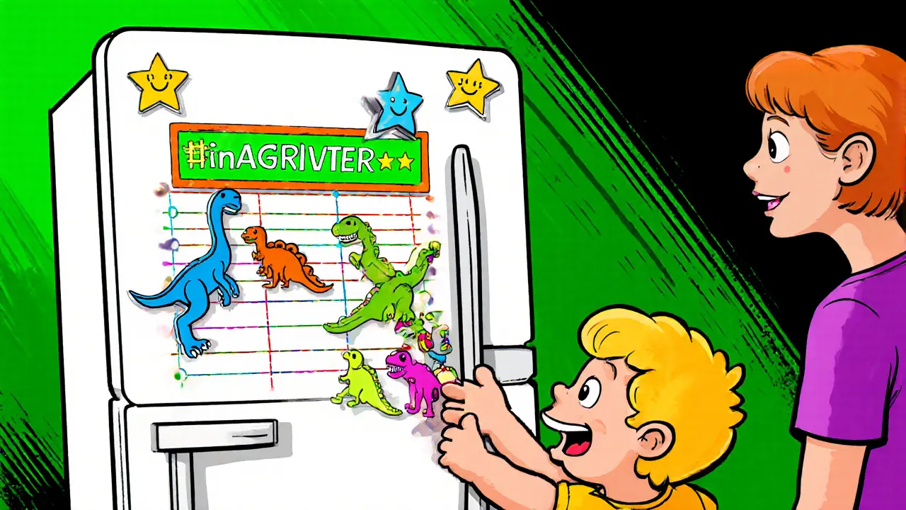 Dítě přikládá magnet na magnetickou tabuli na lednici po splnění úkolu.