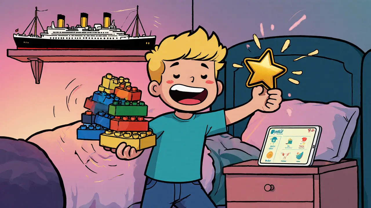 Dítě slaví úspěch s Lego kostkami a digitální aplikací v pokoji.