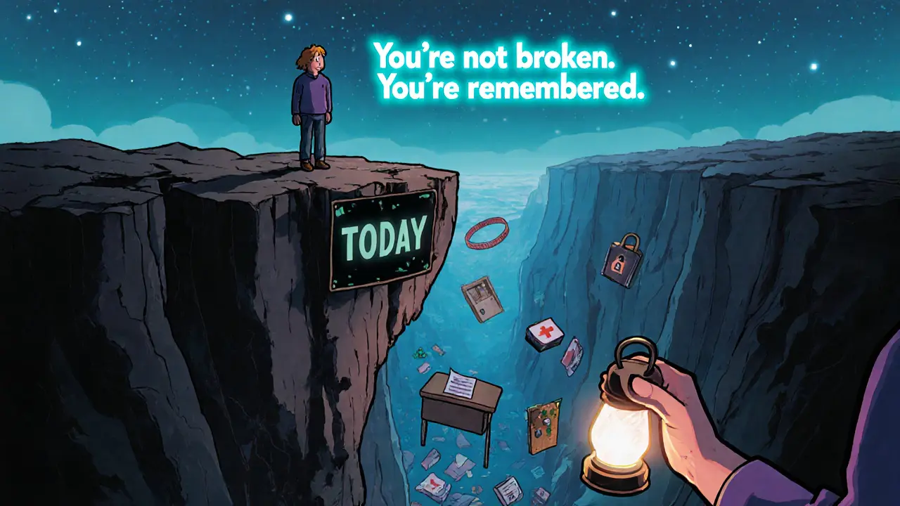 Klient stojí na okraji propasti plné minulosti, zatímco terapeut mu nabízí světlo slyšení.