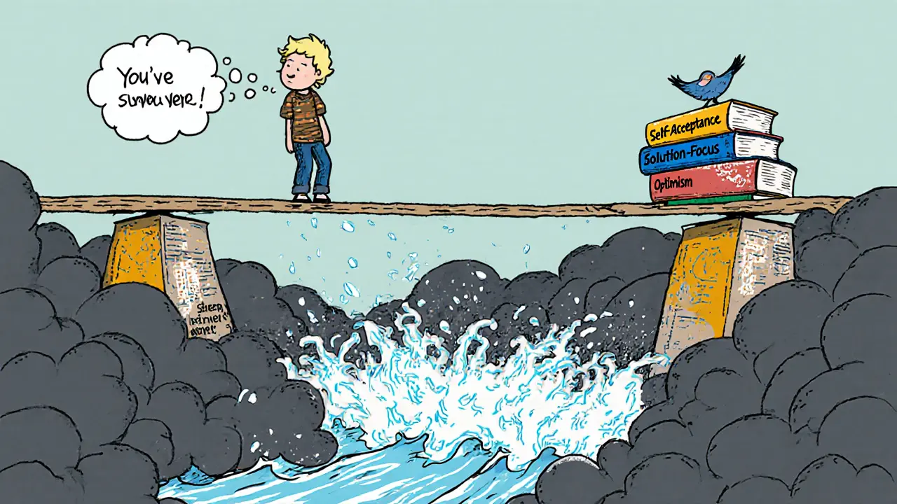 Osoba na mostě z knih, která dýchá a uklidňuje bouřlivý řeku stresu.