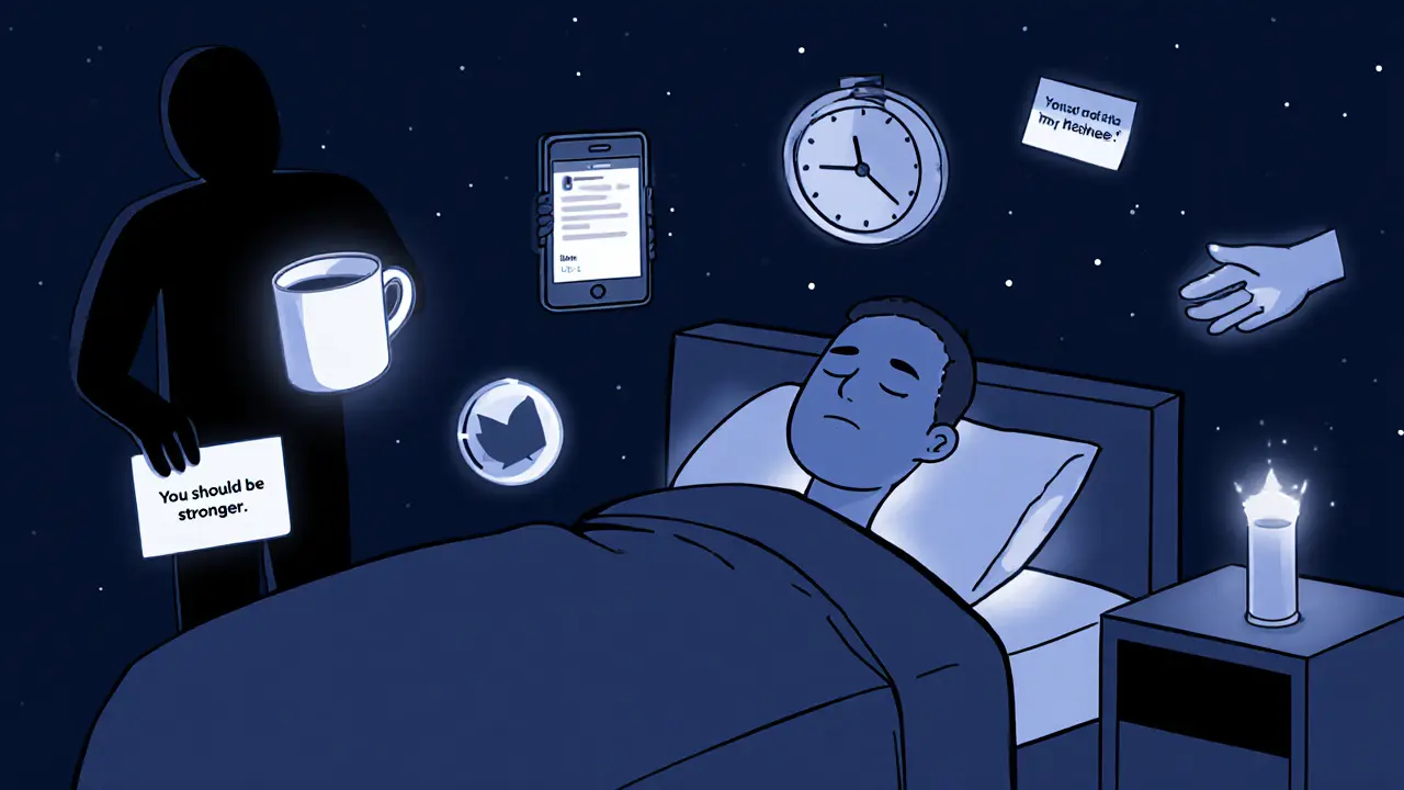 Osoba v posteli s jemnými světlými ikonami a stínem kritika v rohu.