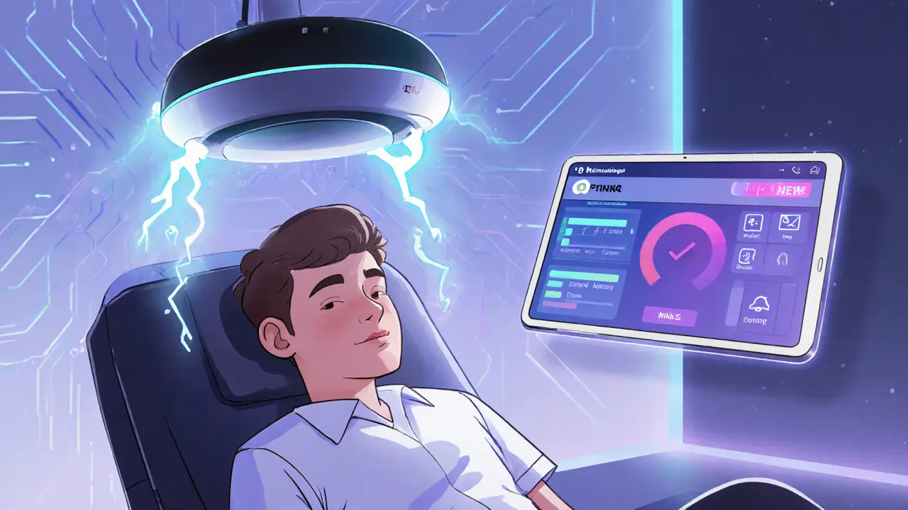 Pacient v futuristické klinice s TMS zařízením a tabletovou aplikací CBT.