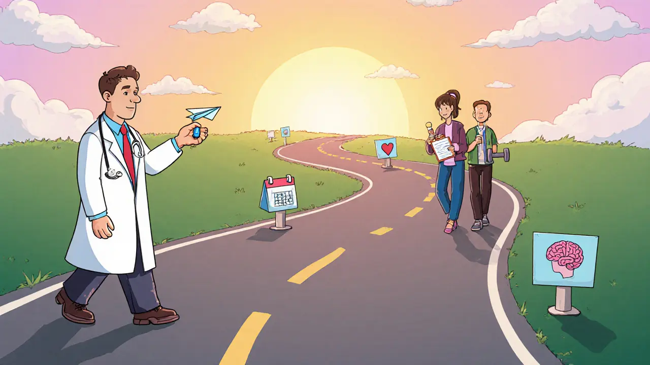 Postava kráčí po cestě k východu slunce, doprovází ji lékař, terapeut a přítel s milníky.