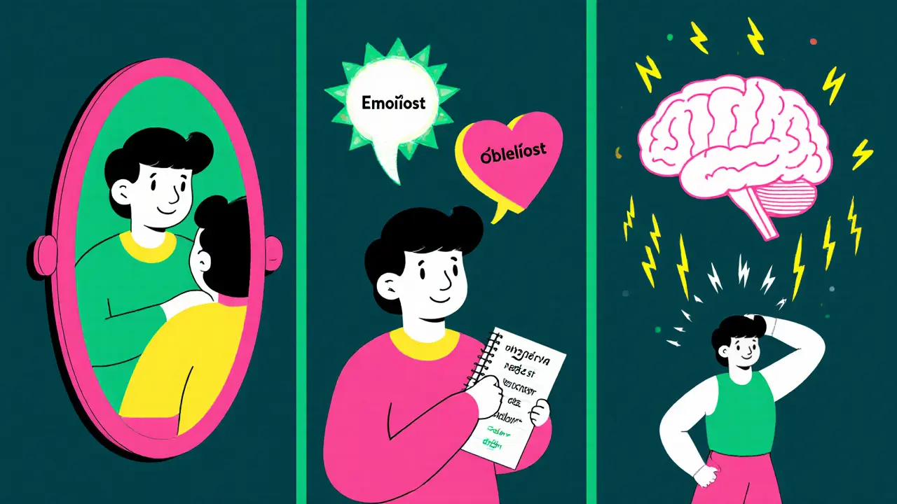 Postava ukazuje znaky pokroku: pojmenované emoce, klidná mysl a sebedůvěra.