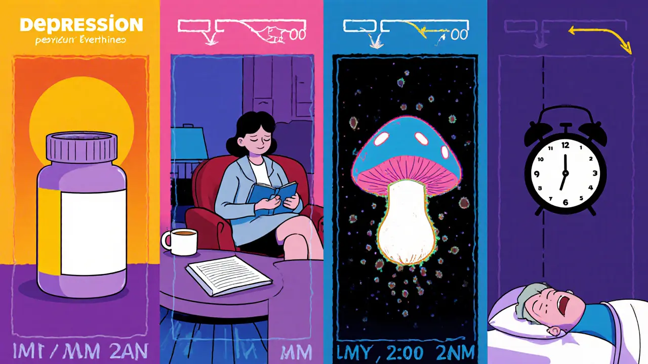 Rozdělený obrázek ukazuje čtyři terapie: pilulky, terapie, houby a nedostatek spánku s časovači.