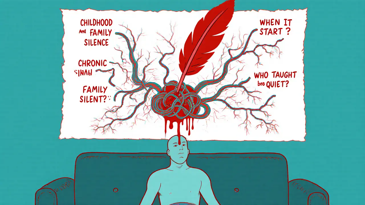 Surreální mapa mysli ukazuje propojení dětství, rodiny a fyzického bolesti ve tvaru pout.