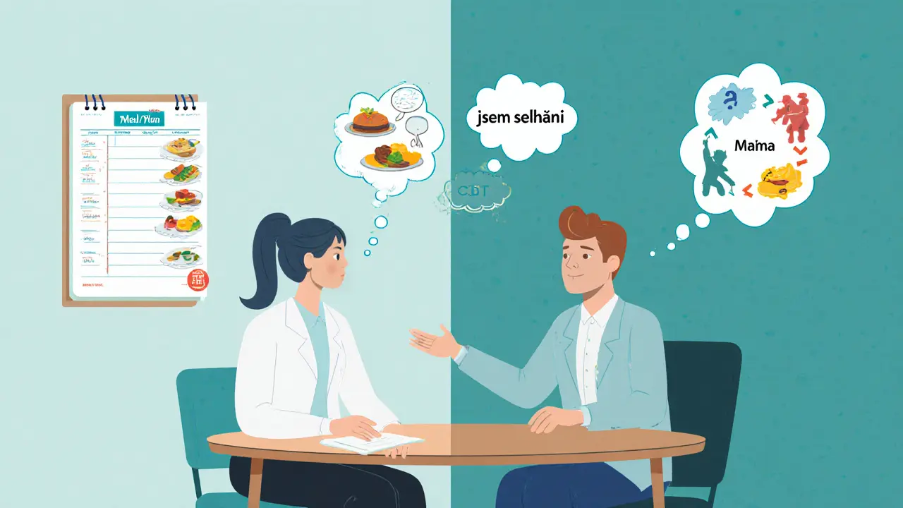 Terapeut a klient v místnosti, ukazují plán jídel a myšlenkové bubliny CBT.