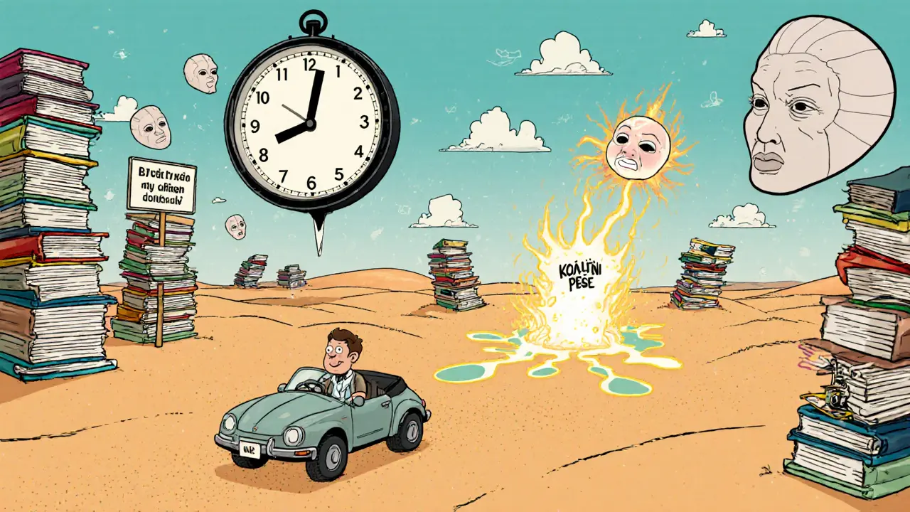 Terapeut ve voze přes poušť souborů, v dálce oáza kvalitní péče.