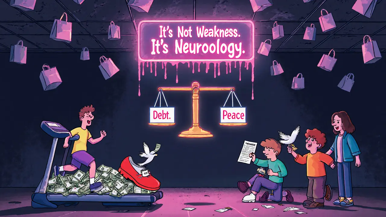 Tři lidé v terapii nahrazují nákupy běháním, kreslením a dobrovolnictvím, nad nimi váží se dluhy a klid.