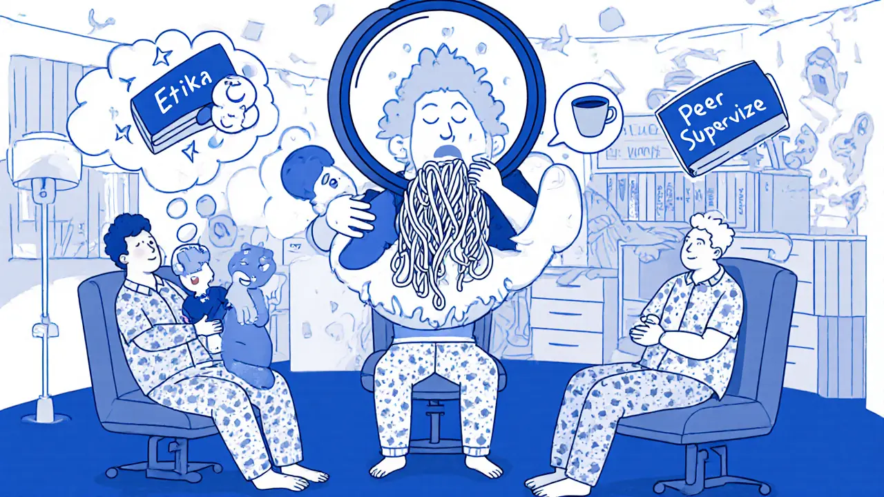 Tři terapeuti v kruhu s supervizorem jako zvětšovacím sklem, kolem nich emocionální chaos.