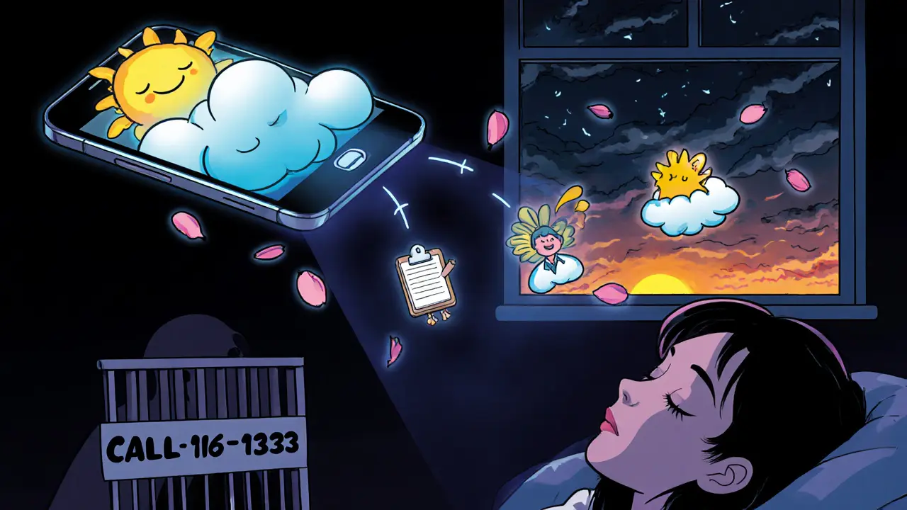 Chytrý telefon zobrazuje emocionální nástroje nad spící ženou, zatímco krizový stav je znázorněn jako uzavřená brána.