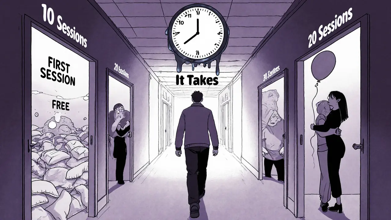 Člověk jde chodbou dveří s sezeními, každá dveře ukazuje emocionální přelom.