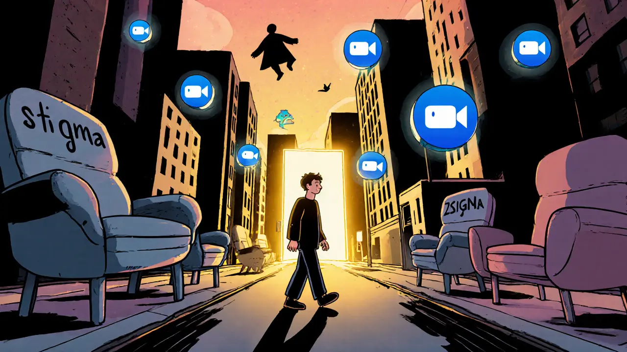 Člověk kráčí městem s nábytkem z terapie, stín stigmatu se rozplynul, dveře světla čekají.