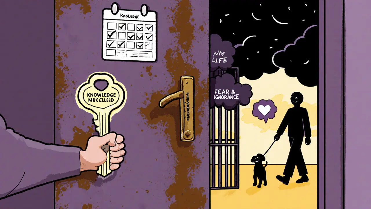 Člověk otevírá dveře k lepšímu životu s klíčem znalostí, za ním zůstává temná klec strachu.