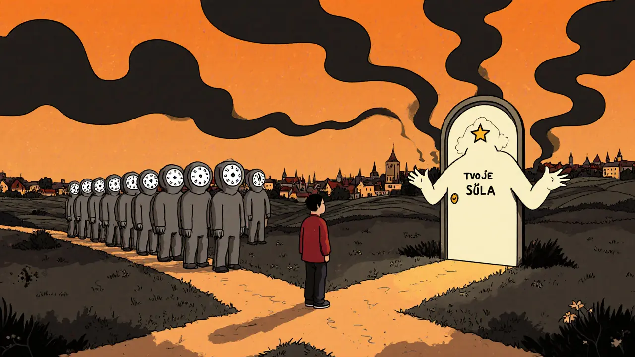 Člověk stojí na křižovatce mezi dlouhou řadou terapeutů a tajemným světlem v bezpečí.