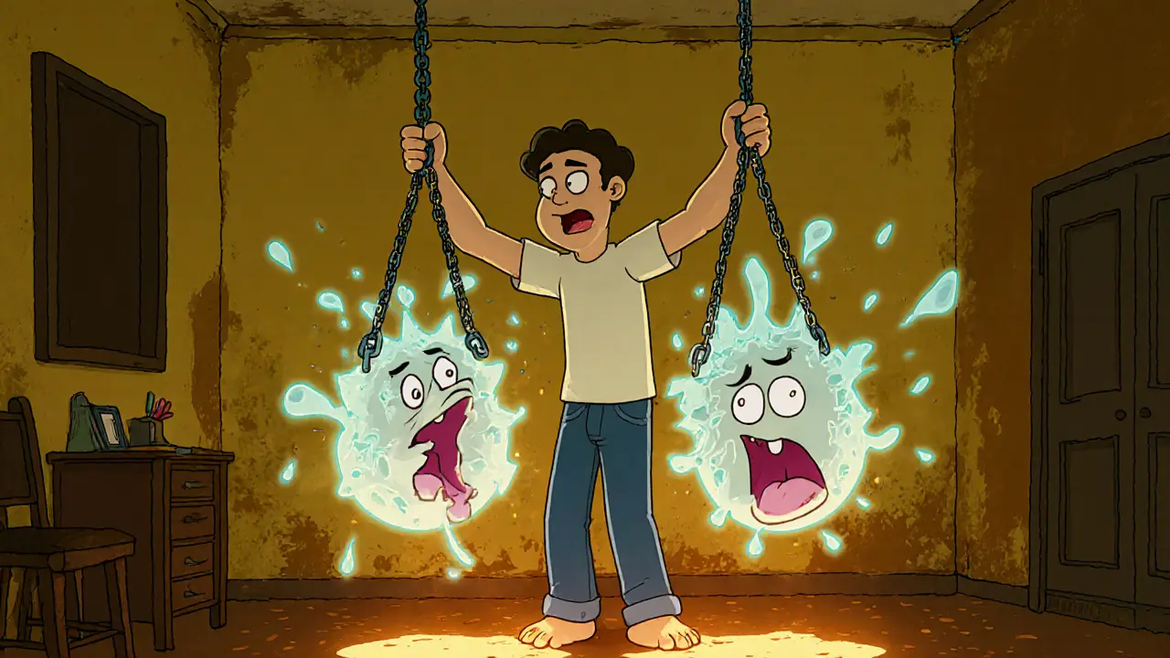 Člověk třese rukama, z jeho paží vystupují lana a slzy, nohy jsou zakořeněny v zemi.