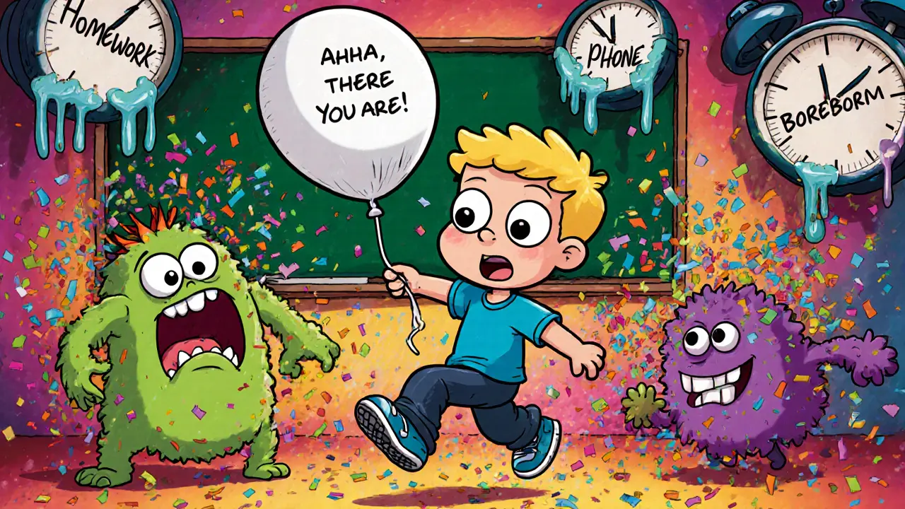 Dítě s ADHD hraje hru, kde chytá balónek tvaru dechu, zatímco se vyhýbá náhodným rušivým předmětům.