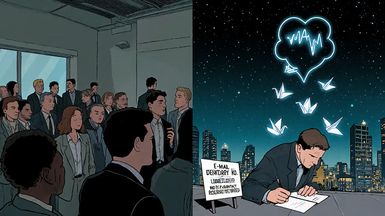 Dvě scény: rušná terapie v kanceláři a klidný klient na střeše, jeho myšlenky se mění v papírové žáby.