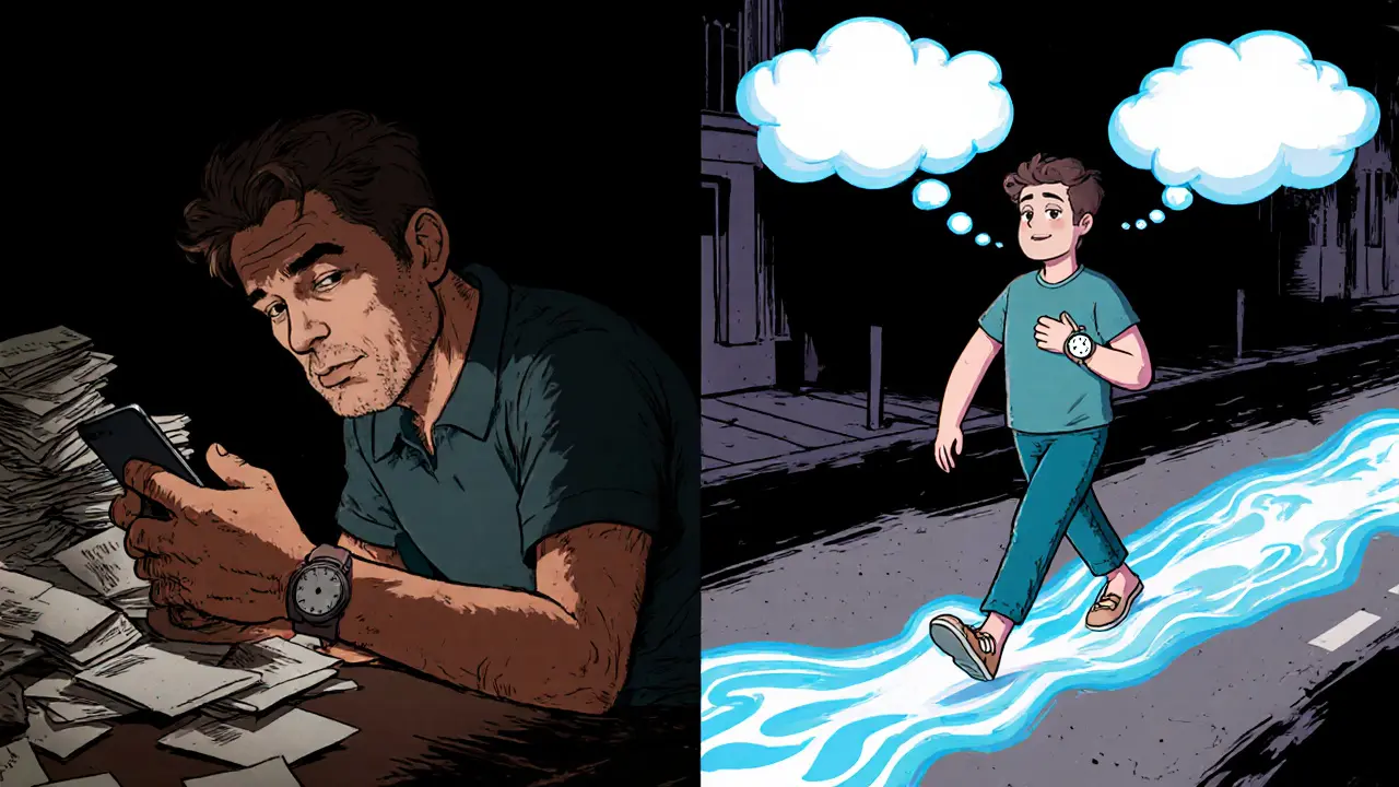 Dvě scény: vlevo frustrace v temnotě, vpravo klidná chůze s následky mindfulness jako světelné vlny.