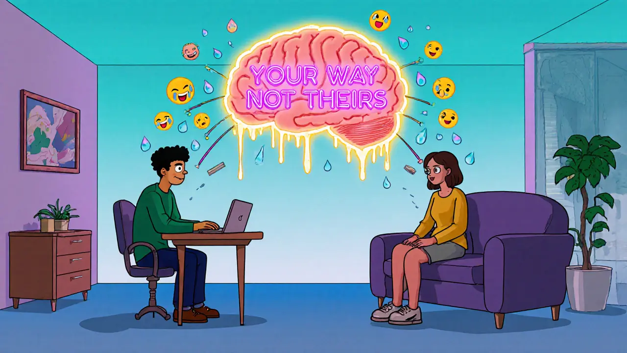 Dvě verze člověka spojené mozkovým mostem, symbolizující online a osobní terapii.