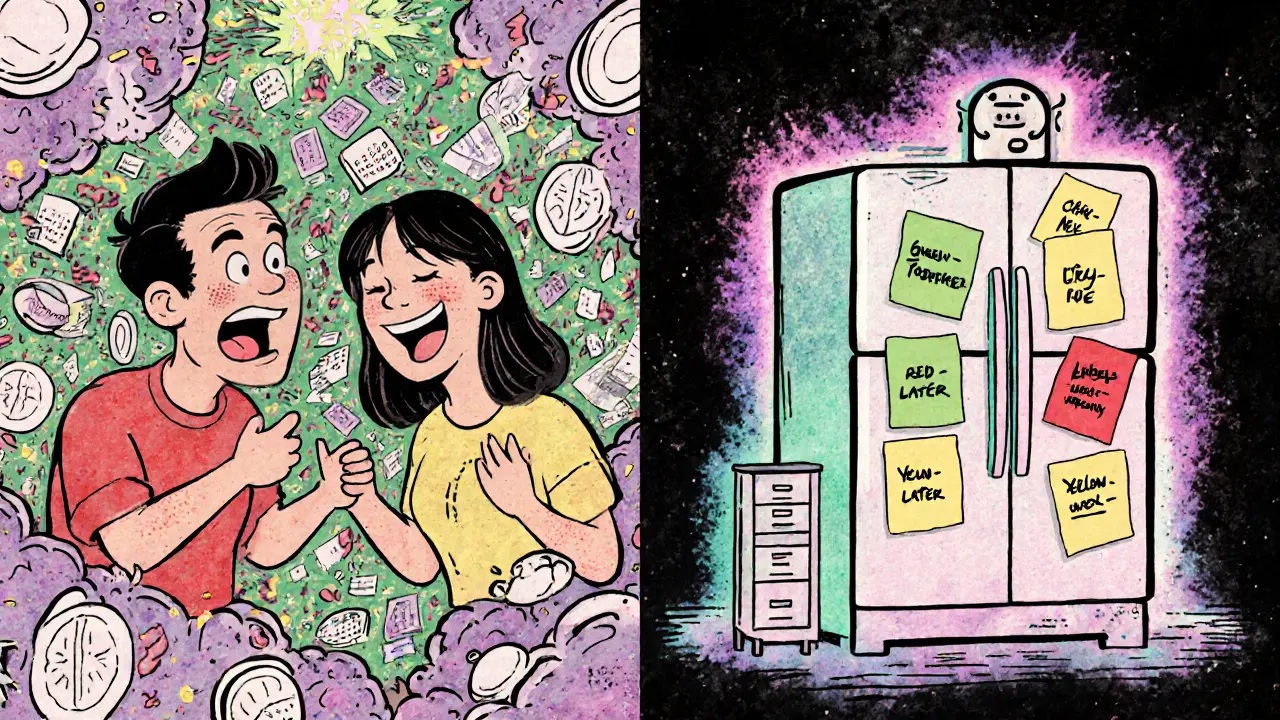 Dvojice v konfliktu vlevo, klidně spolupracující vpravo, na ledničce jsou barevné karty pro úkoly.