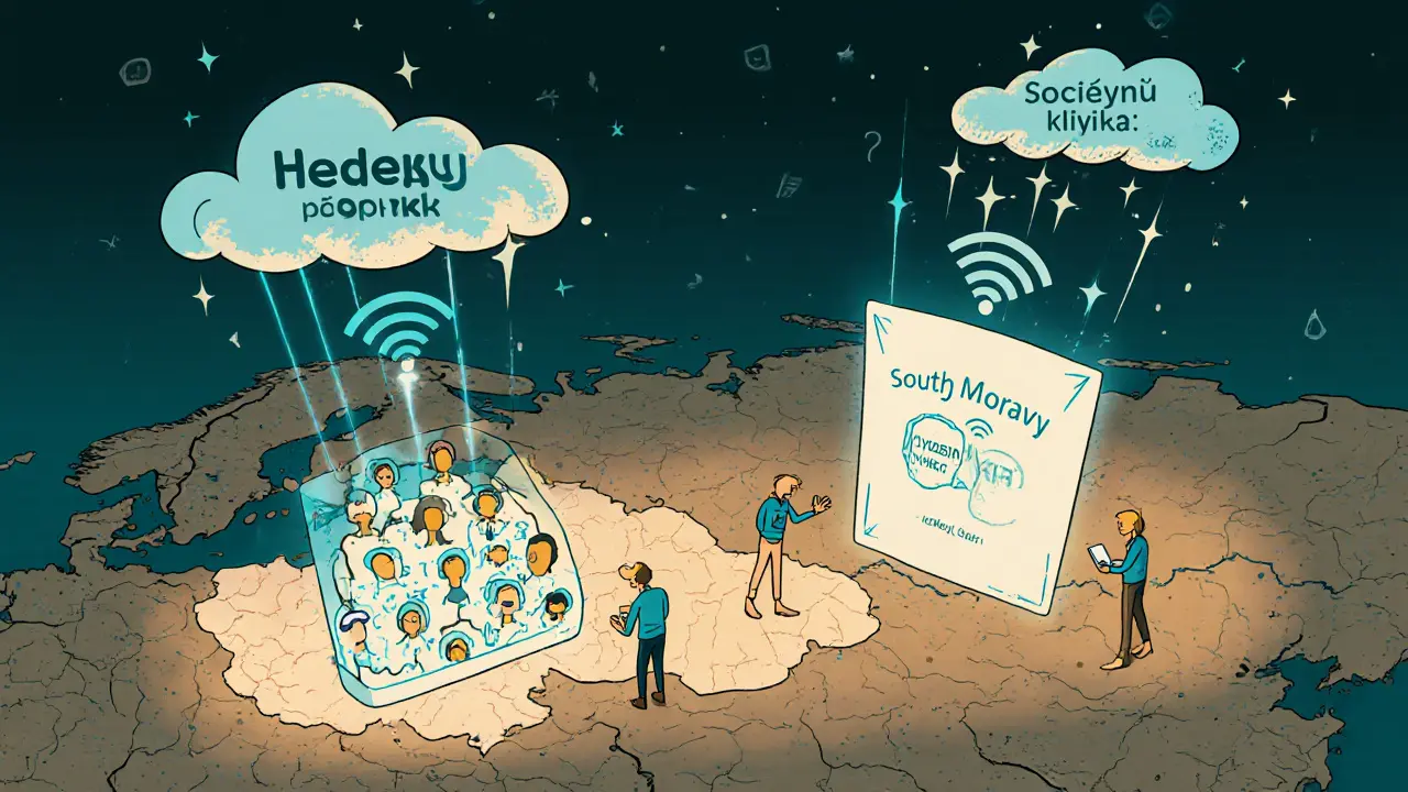 Mapa Česka ukazující nerovnosti v přístupu k terapii s digitálními portály spojujícími venkov s městy.