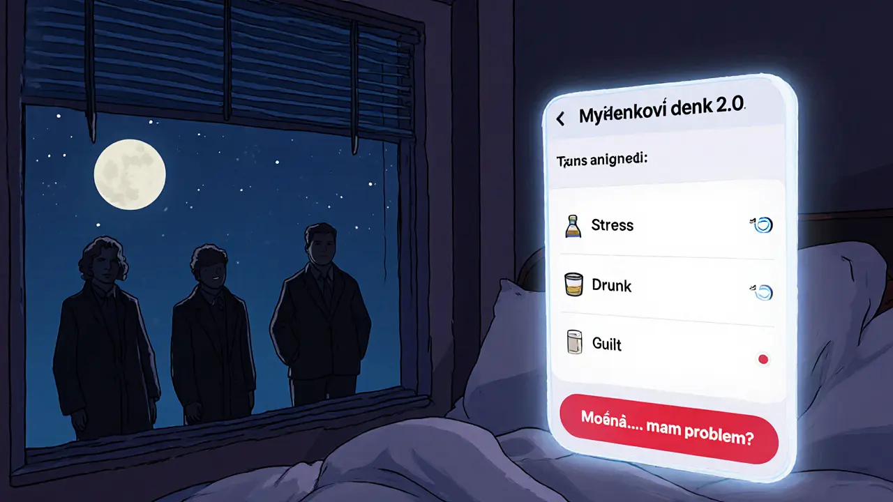 Mobile aplikace s denními záznamy o závislosti svítí v noci nad postelí, stíny dřívějších verzí člověka pozorují.