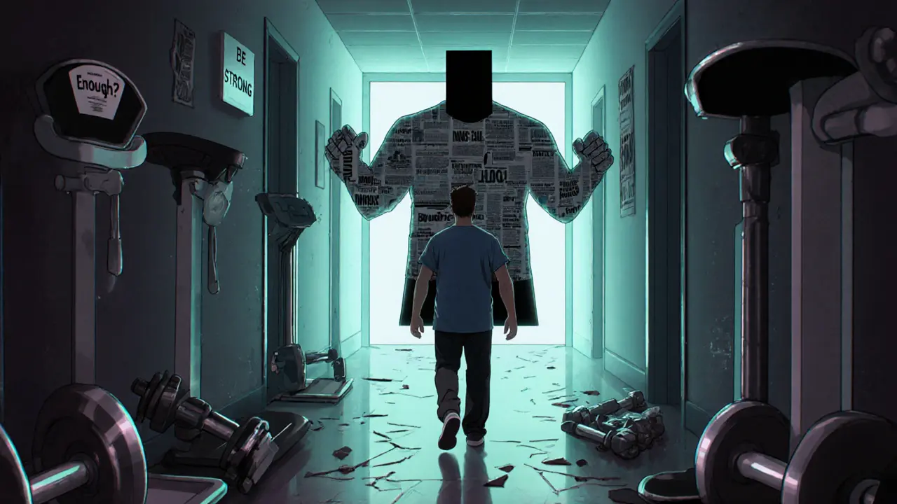 Muž jde chodbou, kde se váhy a činky mění v náročnou bludiště, za ním se táhne jeho stín jako obrovská postava.