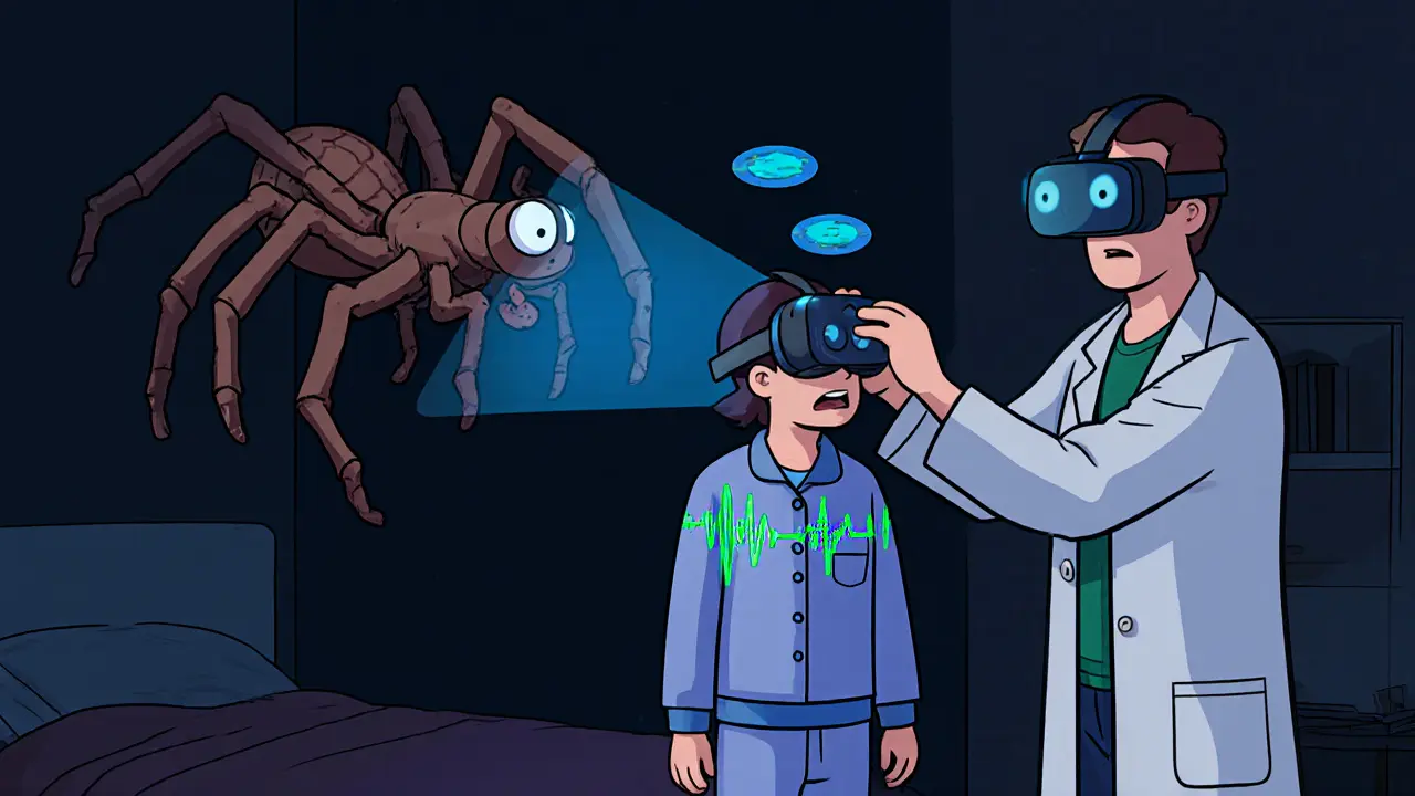 Muž ve spánkách je obklopen virtuálním pavoukem, zatímco biosenzory měří jeho reakce v bezpečné terapii.