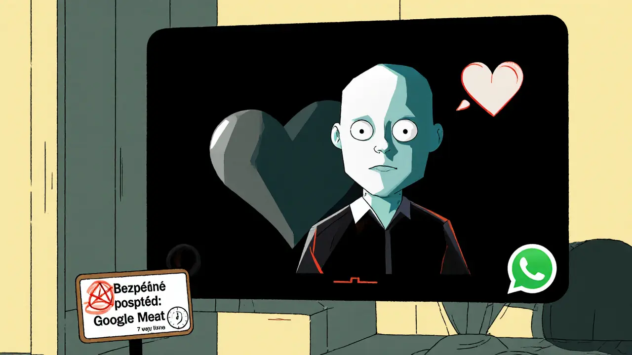 Online terapeut na obrazovce mluví s klientem, jeho stín se mění v srdce, WhatsApp je zakázaný.